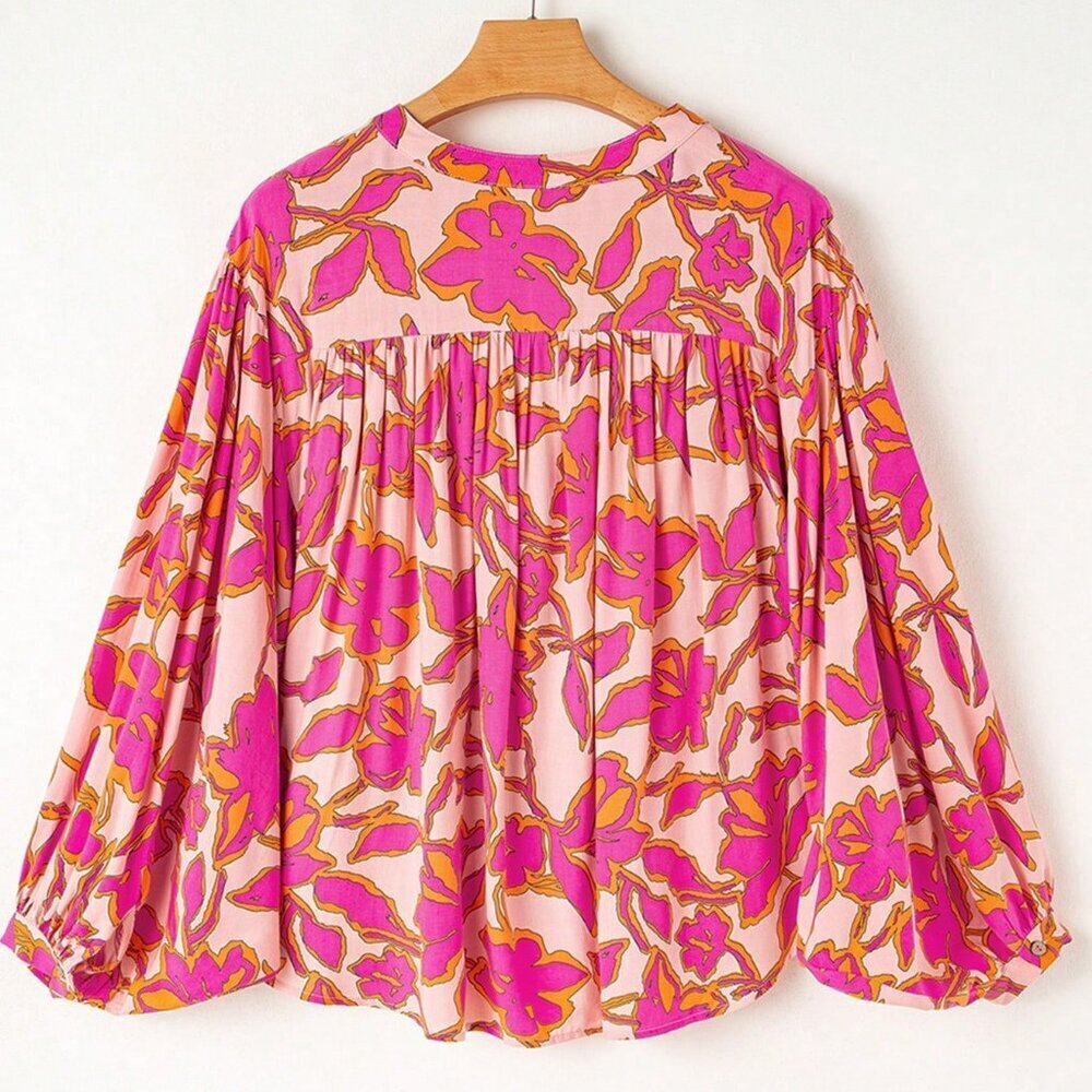 Multicolor Boho Women's Floral Print Batwing Sleeve Buttoned Loose Fit Shirt - Picture 3 of 8